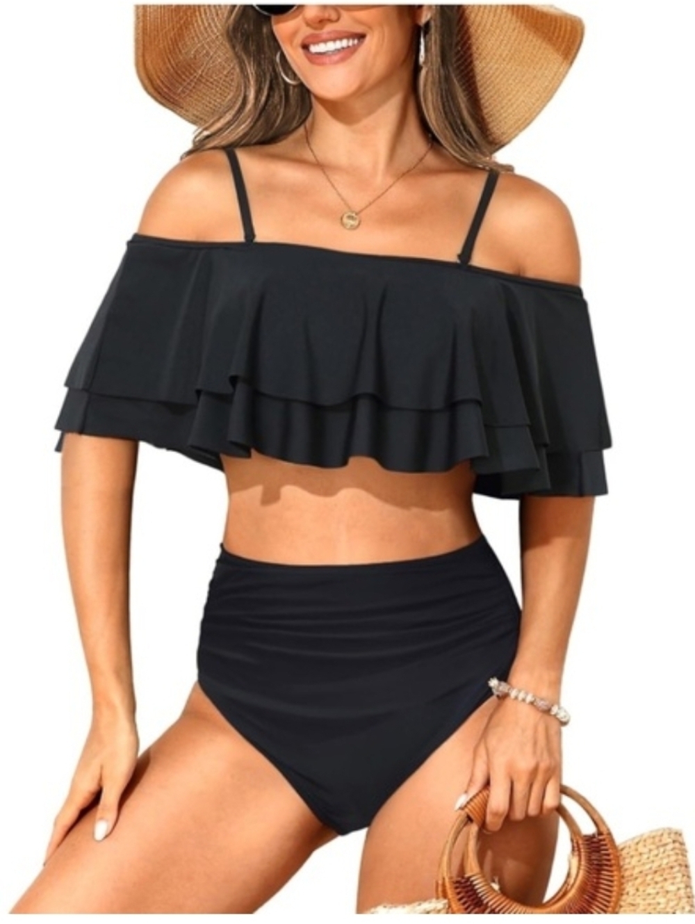Tempt Me Black Flounce Off The Shoulder Swim Top Size XL